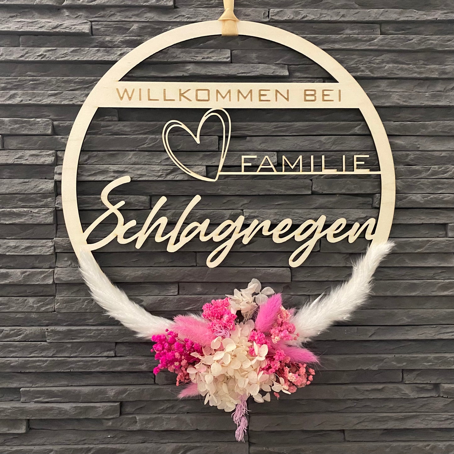 Trockenblumenkranz, ca. Ø 30cm, Türkranz, Personalisierter Türkranz mit Trockenblumen, Holzkranz, Haustür Kranz, Namensschild, Selfmade