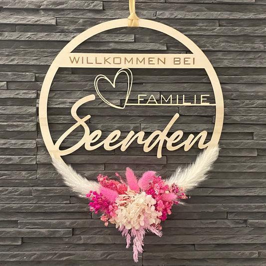 Trockenblumenkranz, ca. Ø 30cm, Türkranz, Personalisierter Türkranz mit Trockenblumen, Holzkranz, Haustür Kranz, Namensschild, Selfmade