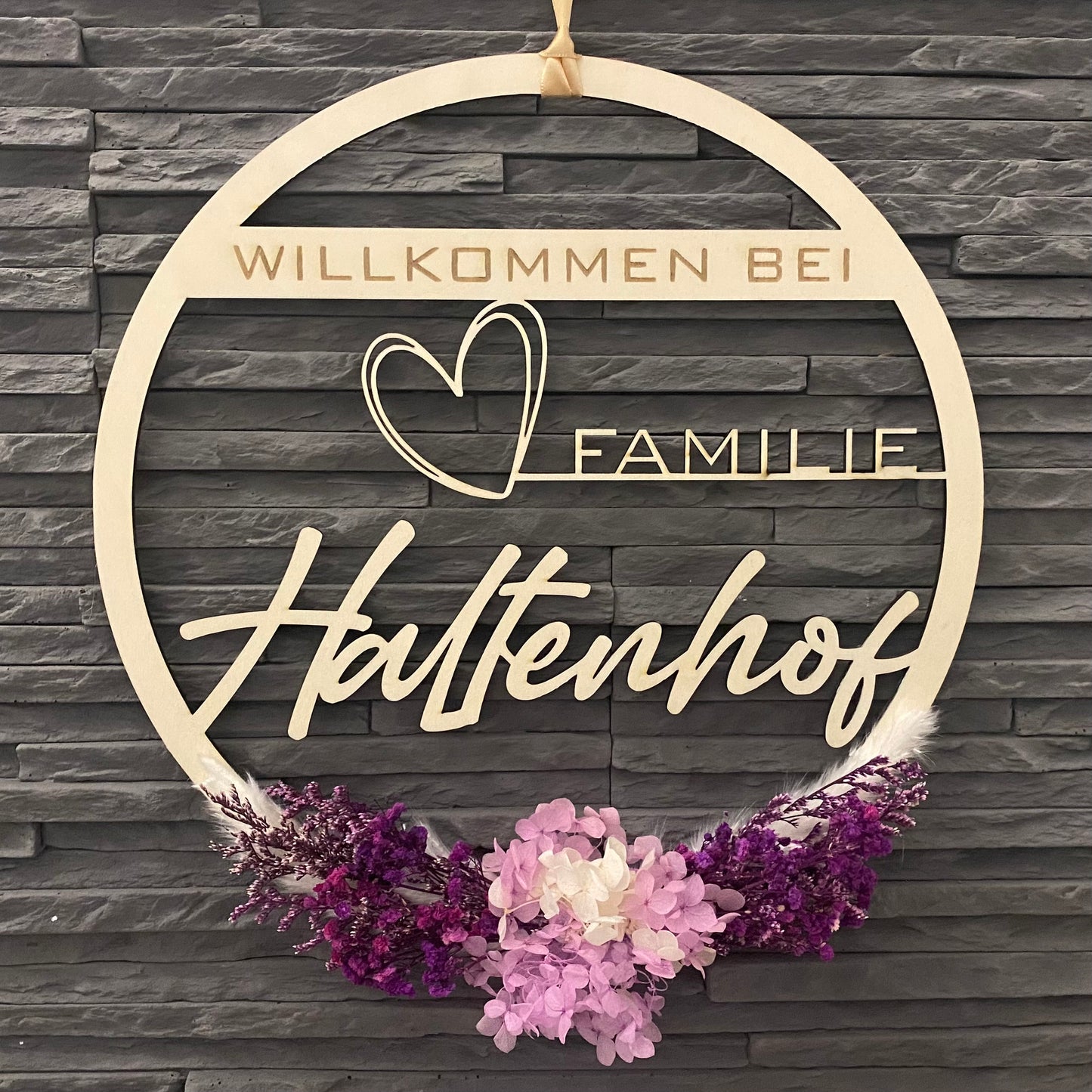 Trockenblumenkranz, ca. Ø 30cm, Türkranz, Personalisierter Türkranz mit Trockenblumen, Holzkranz, Haustür Kranz, Namensschild, Selfmade