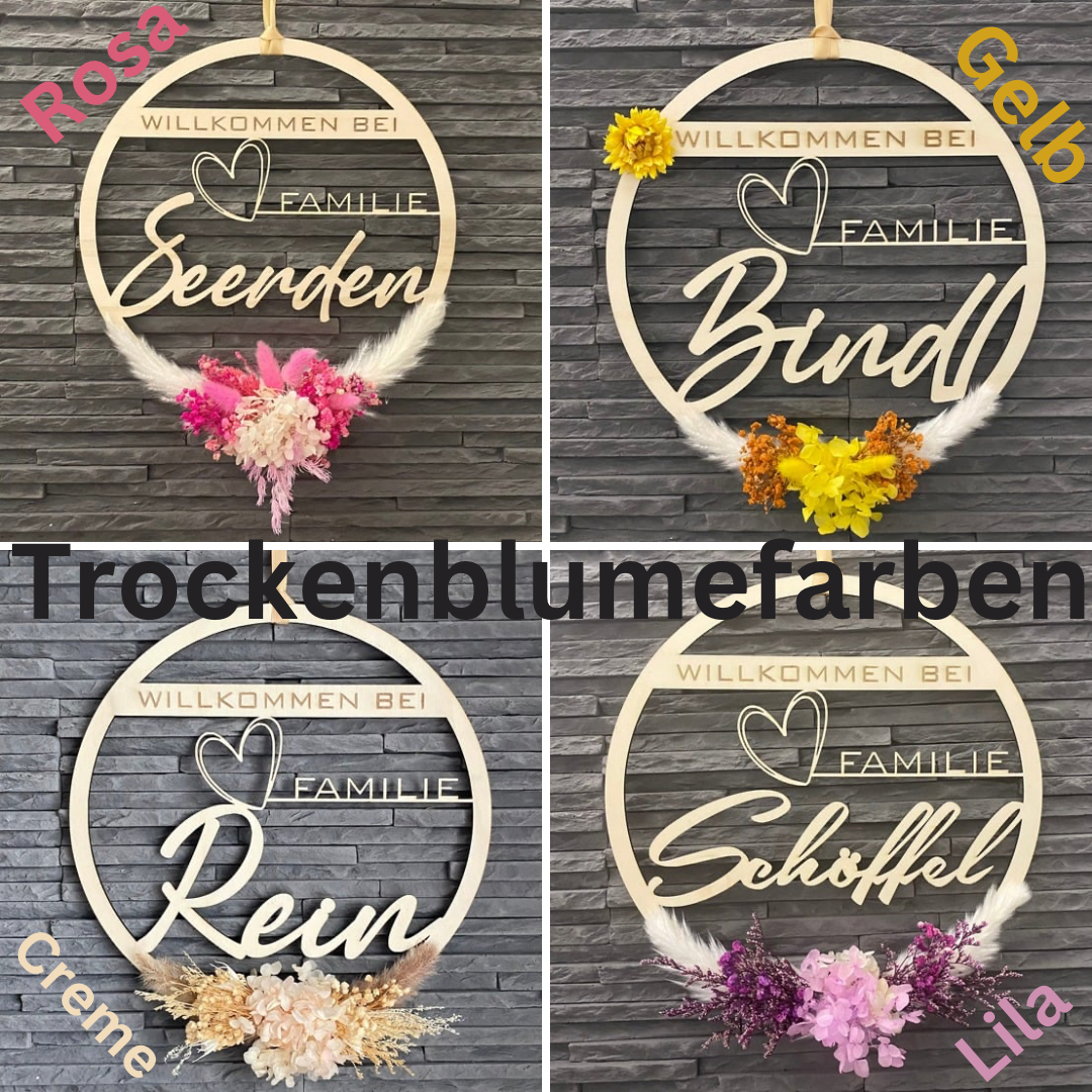 Trockenblumenkranz, ca. Ø 30cm, Türkranz, Personalisierter Türkranz mit Trockenblumen, Holzkranz, Haustür Kranz, Namensschild, Selfmade